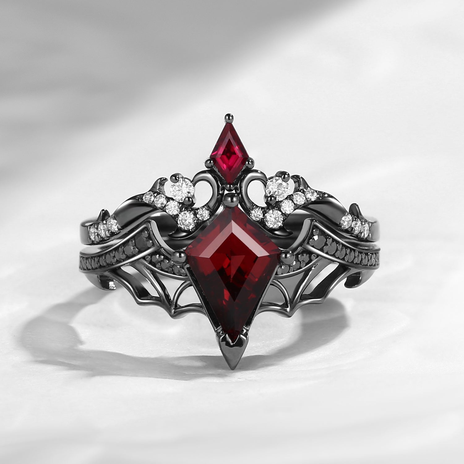 Kite Cut Garnet Bat Wing Inspired Thorns Engagement Ring Set 2pcs - Bat Ring