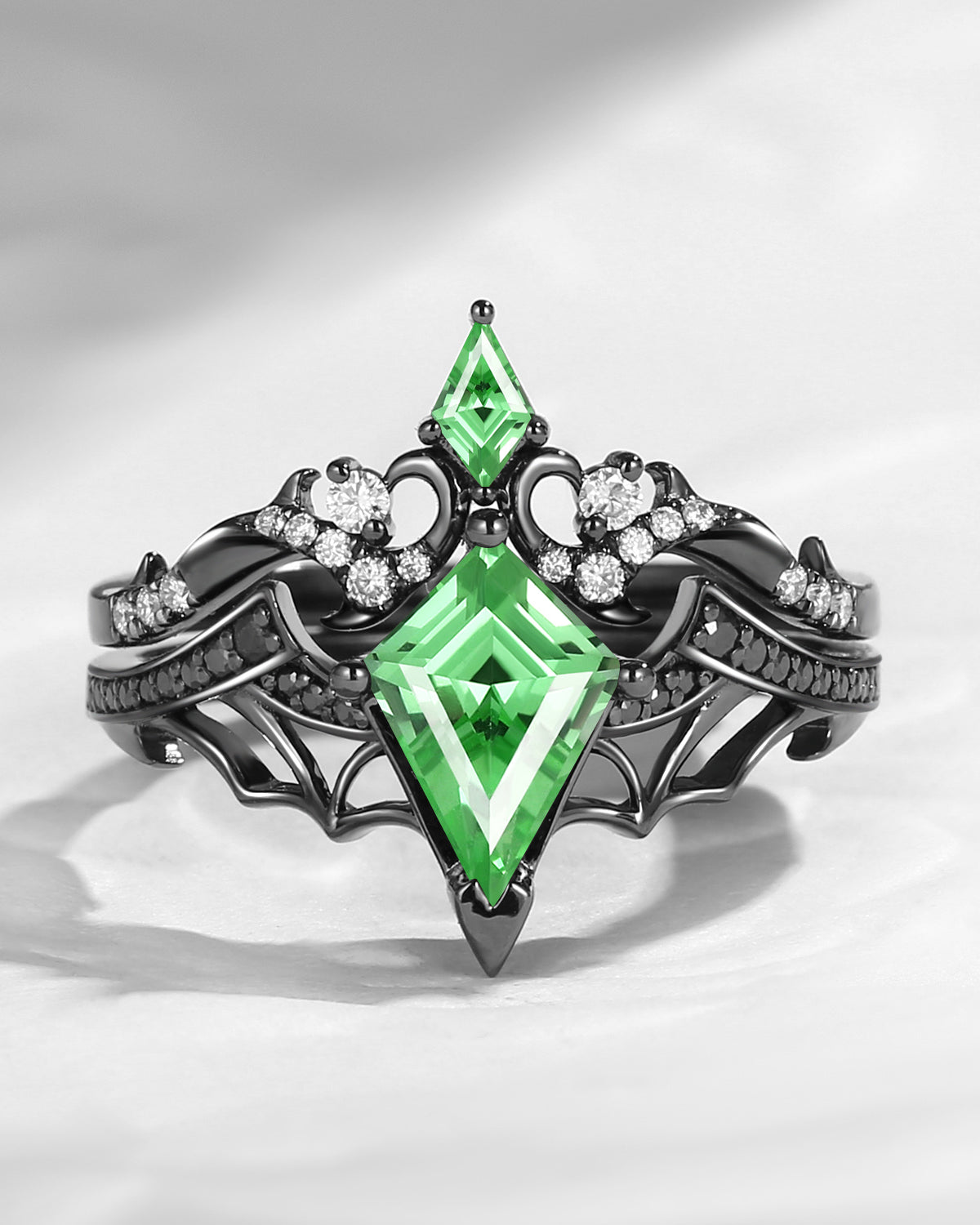 Gothic Style Unique Kite Cut Lab Tsavorite Bat Wing Inspired Thorns Engagement Ring Set 2pcs - Bat Ring