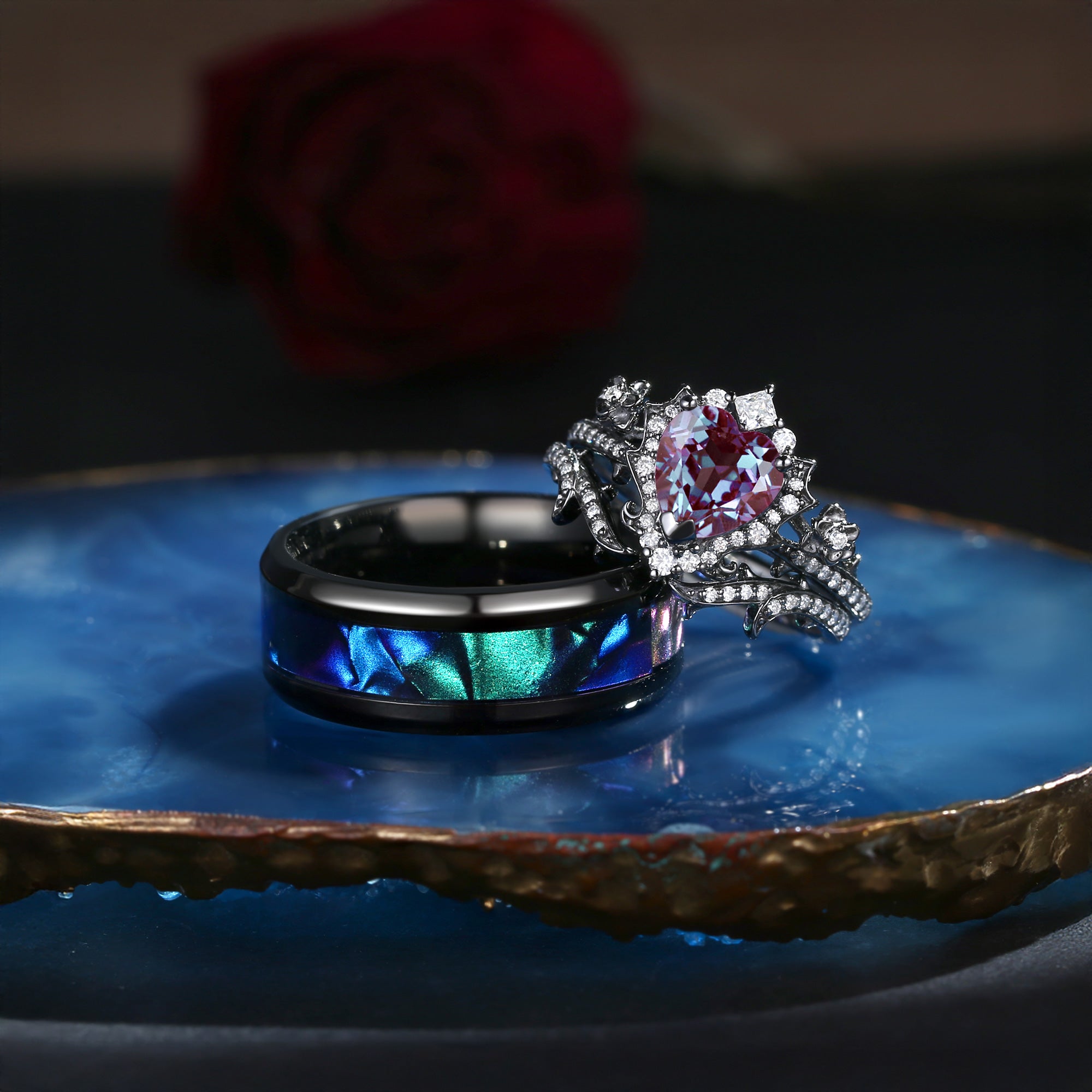 Halo Heart Shaped Lab Alexandrite Black Gold Flower Lab Opal Couple Bridal Ring Set