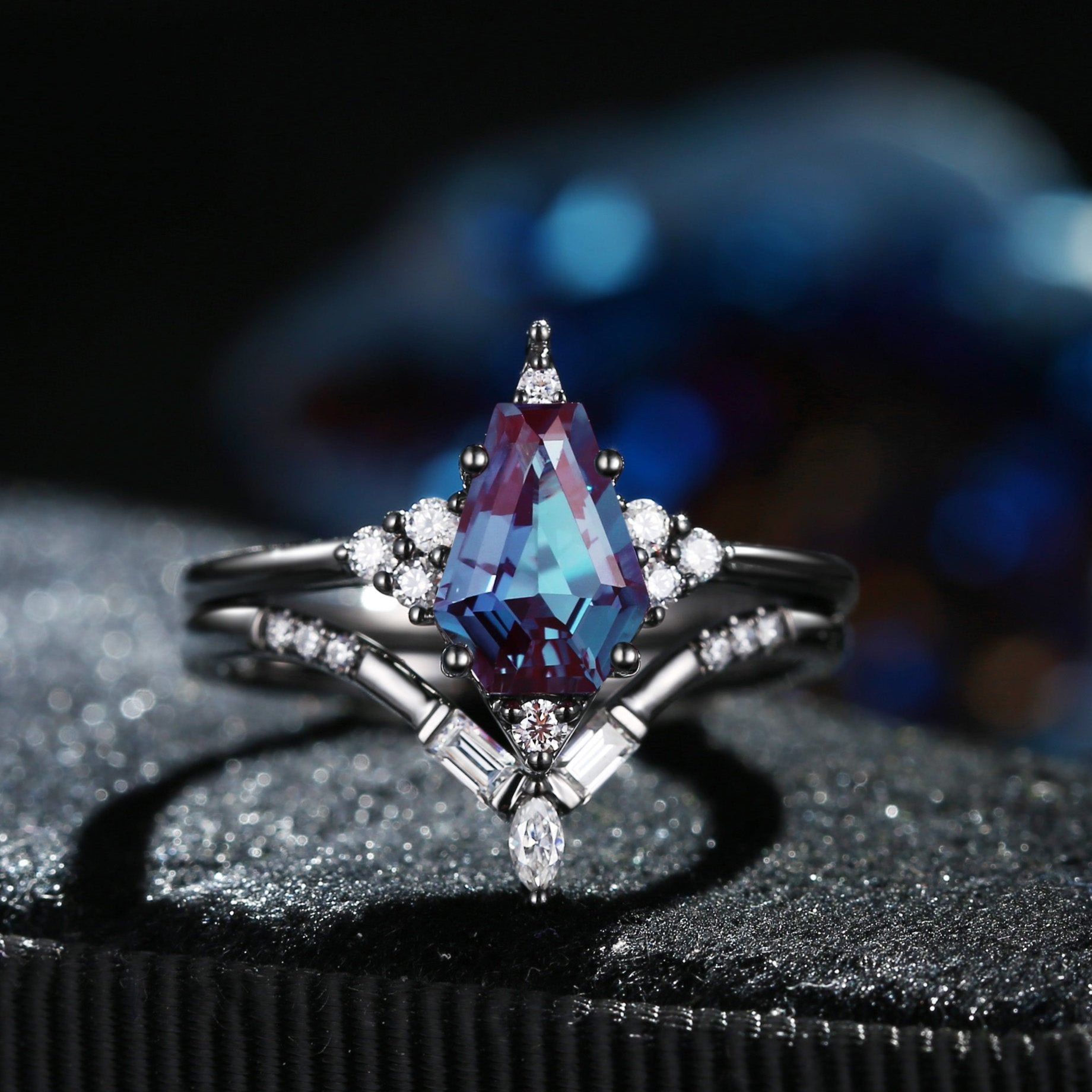 Unique Coffin Alexandrite Black Gold Engagement Star Ring Set 2pcs - Coffin Kite
