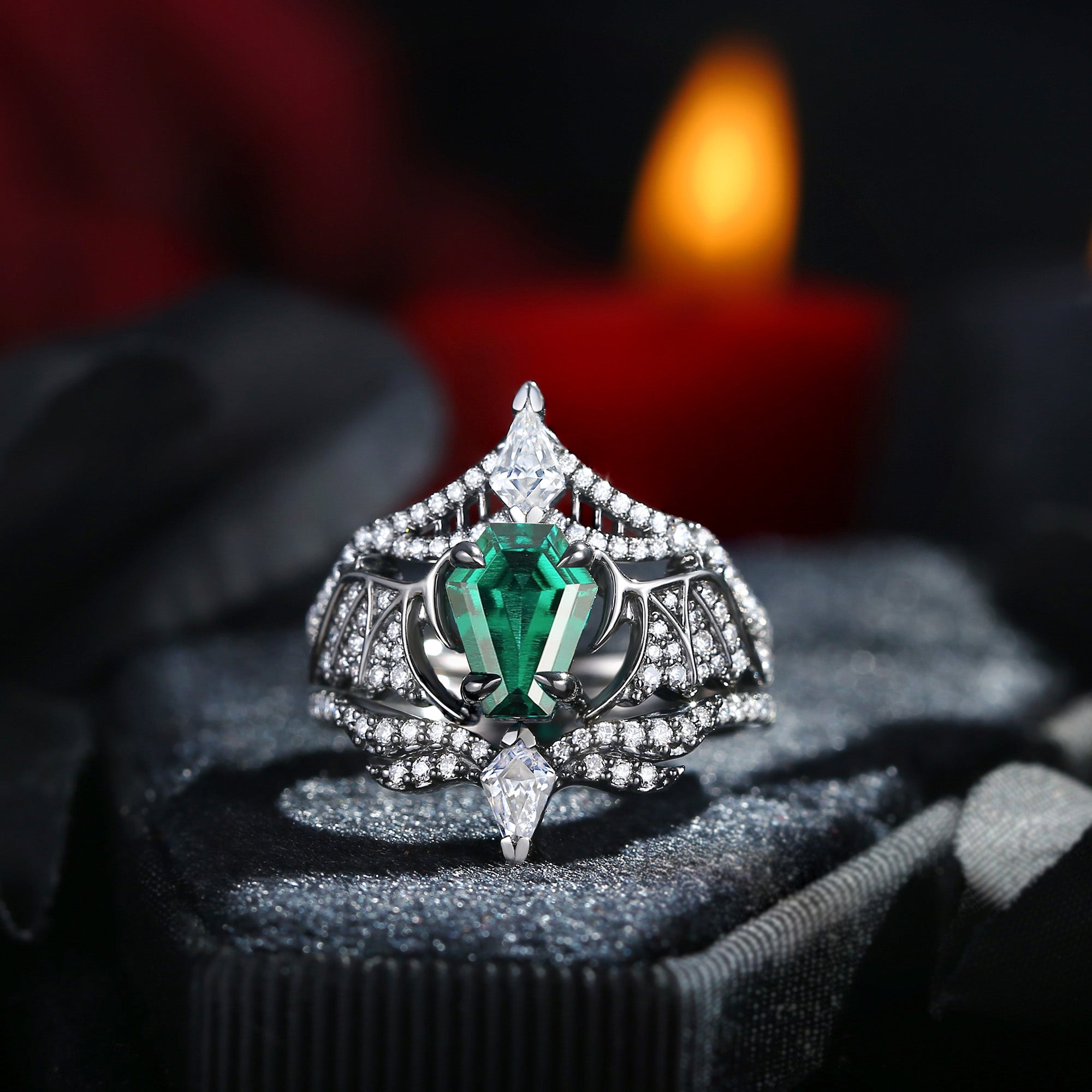 Maximalist Style Coffin Cut Lab Emerald Black Gold Bridal Set 3pcs - Bat Knight