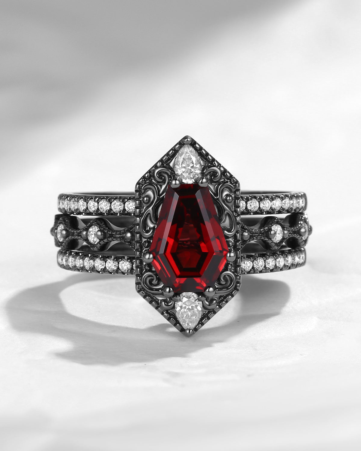 Nontraditional Coffin Cut Garnet Vampire Shield Engagement Ring Set 3pcs