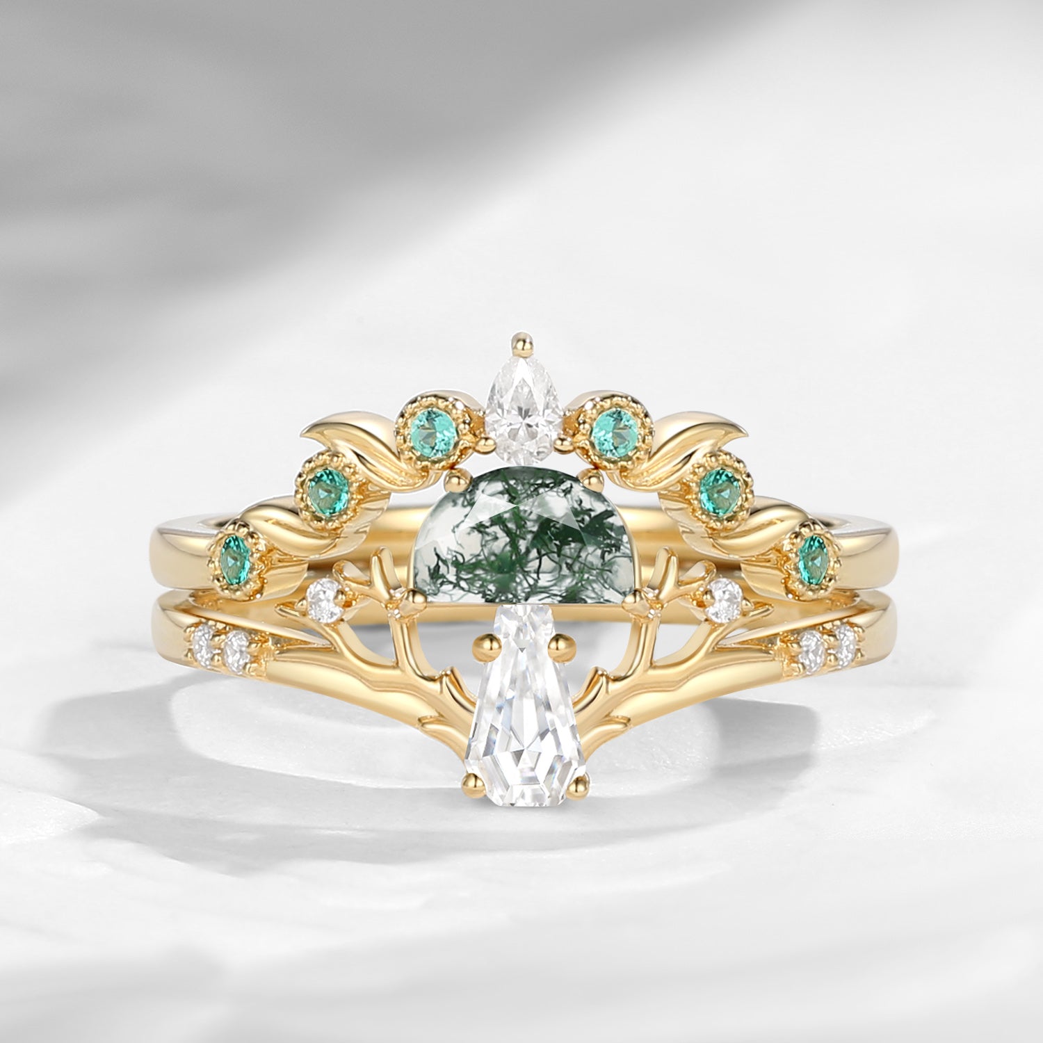 Half Moon Moss Agate + Coffin Cut Moissanite 'Tree of Life' Mushroom Engagement Ring Set 2pcs