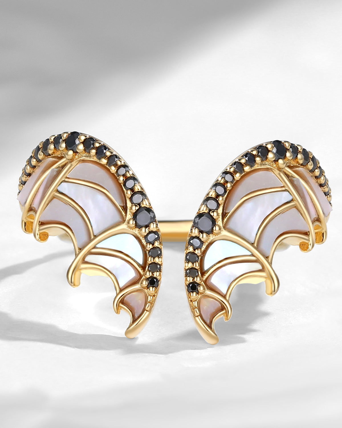 Unique Bat Wing Inspired Curved Mother of Pearl Wedding Enhancer Ring