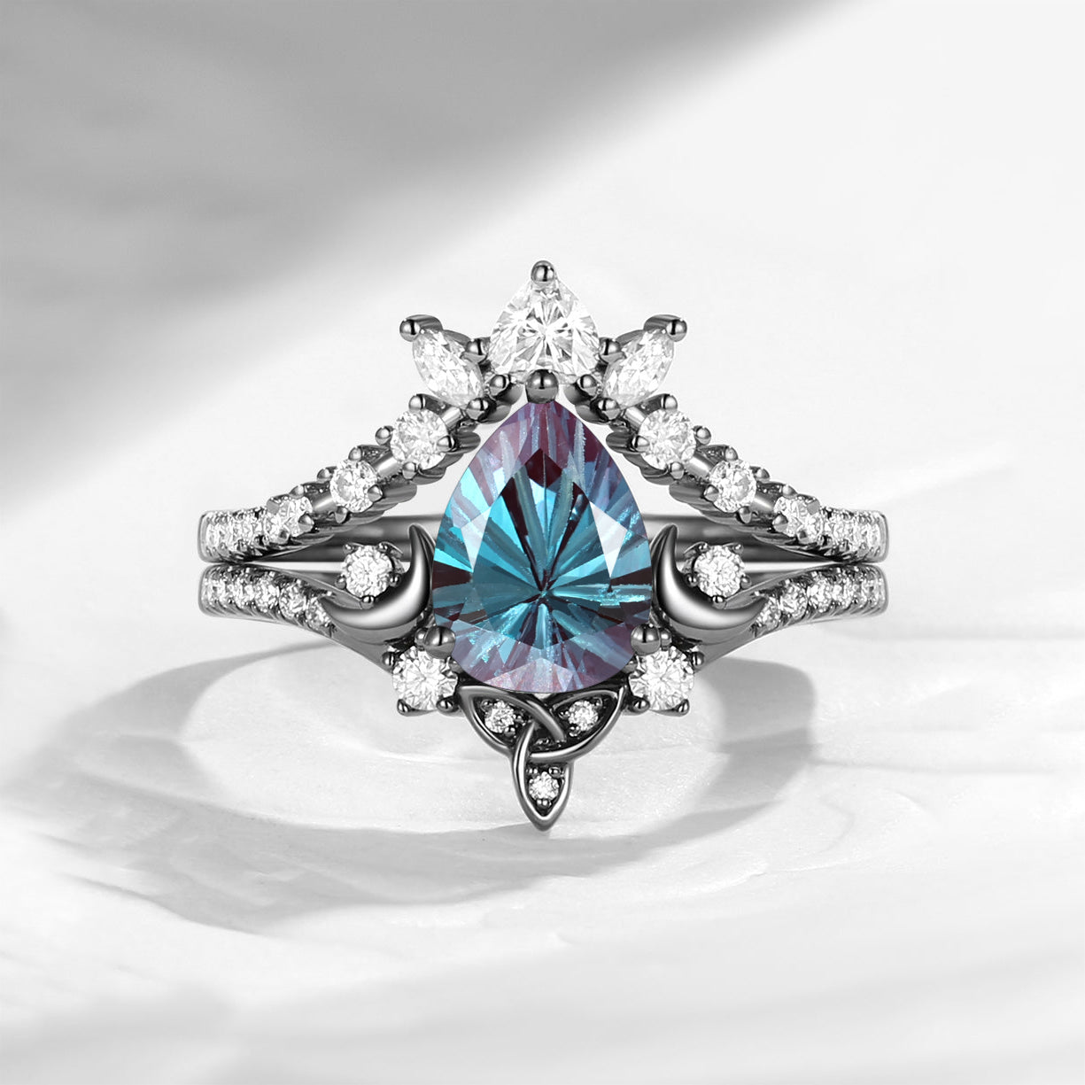 Celtic Moon - Firework Cut Pear Lab Alexandrite Moon Engagement Ring Set with Infinity Symbol