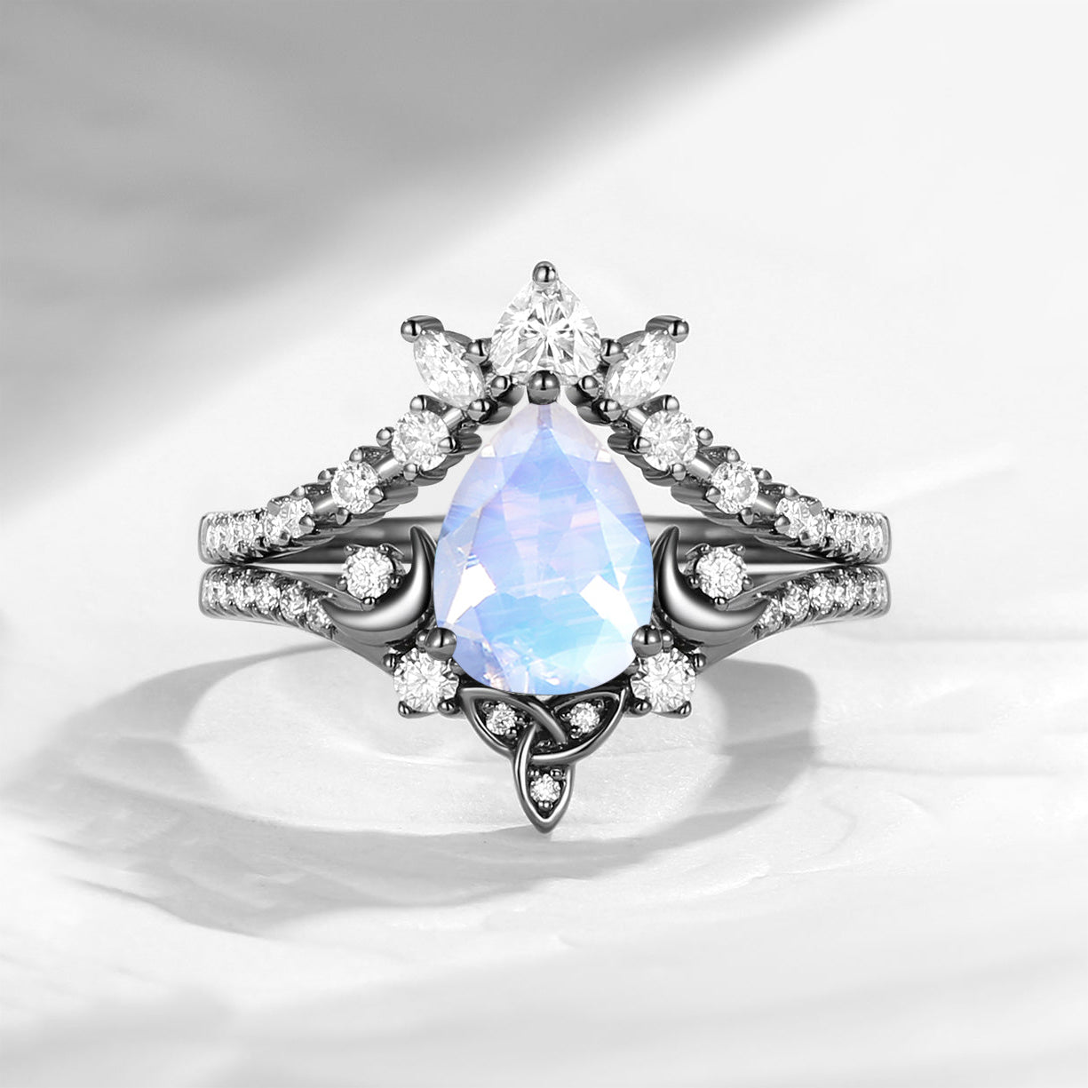 Celtic Moon - Pear Cut Natural Moonstone Moon Engagement Ring Set with Infinity Symbol