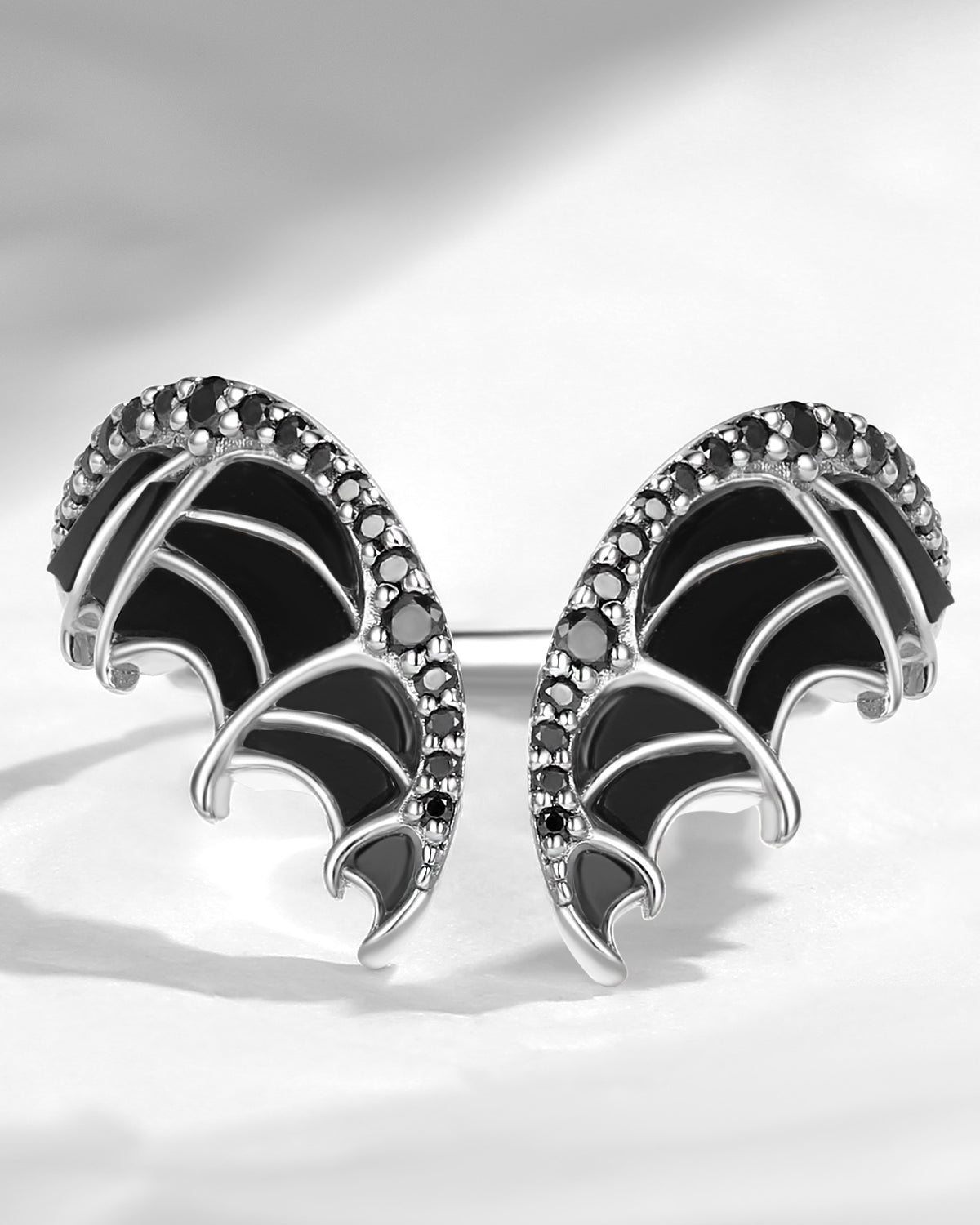 Curved Bat Wing Inspired Onyx Black Gold Wedding Enhancer Ring