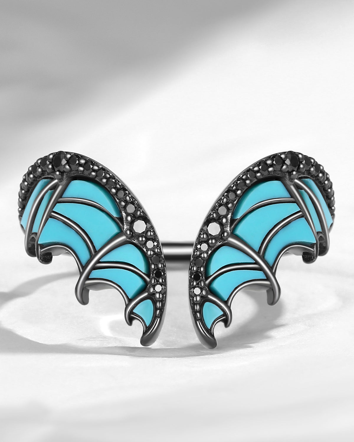 Curved Bat Wing Inspired Turquoise Black Gold Wedding Enhancer Ring