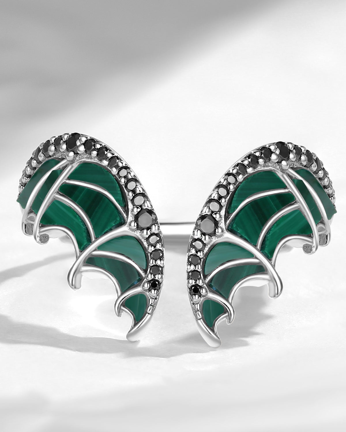 Unique Bat Wing Inspired Curved Malachite Wedding Enhancer Ring