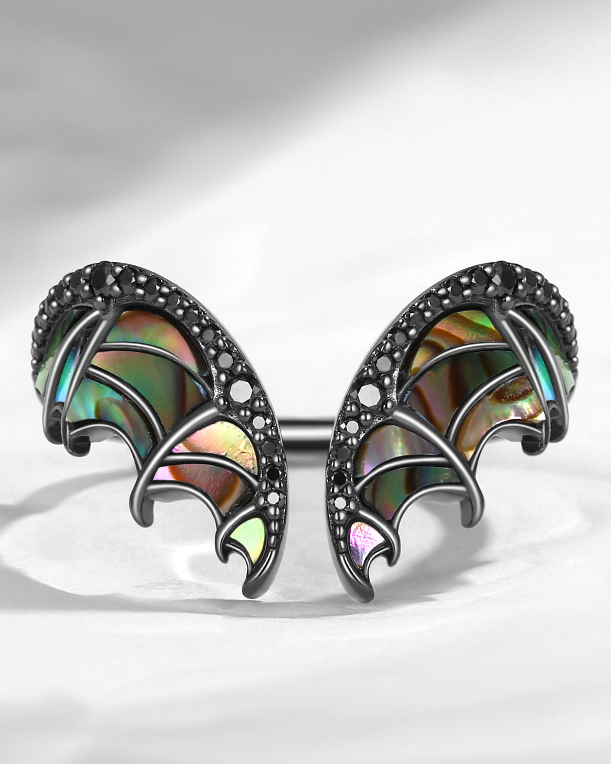Curved Bat Wing Inspired Abalone Shell Black Gold Wedding Enhancer Ring