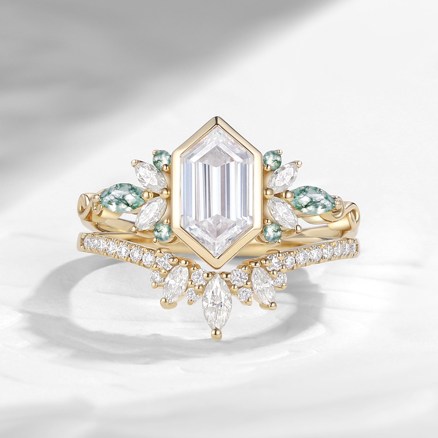 Nature Inspired Long Hexagon Bezel Moissanite Butterfly Engagement Ring 2pcs