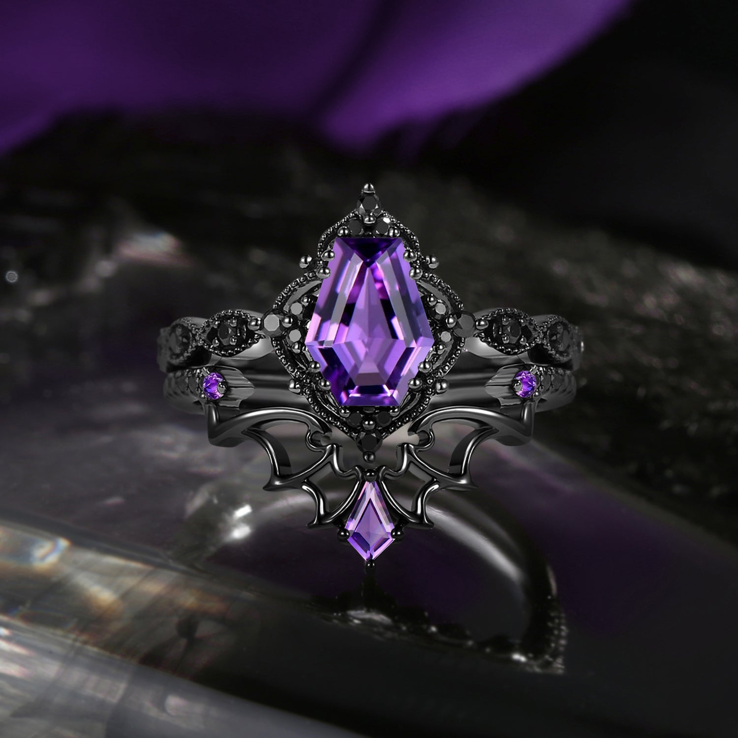 'Dark Romance' — Gothic Coffin Cut Amethyst Engagement Ring Set with Bat Wings in Black Gold