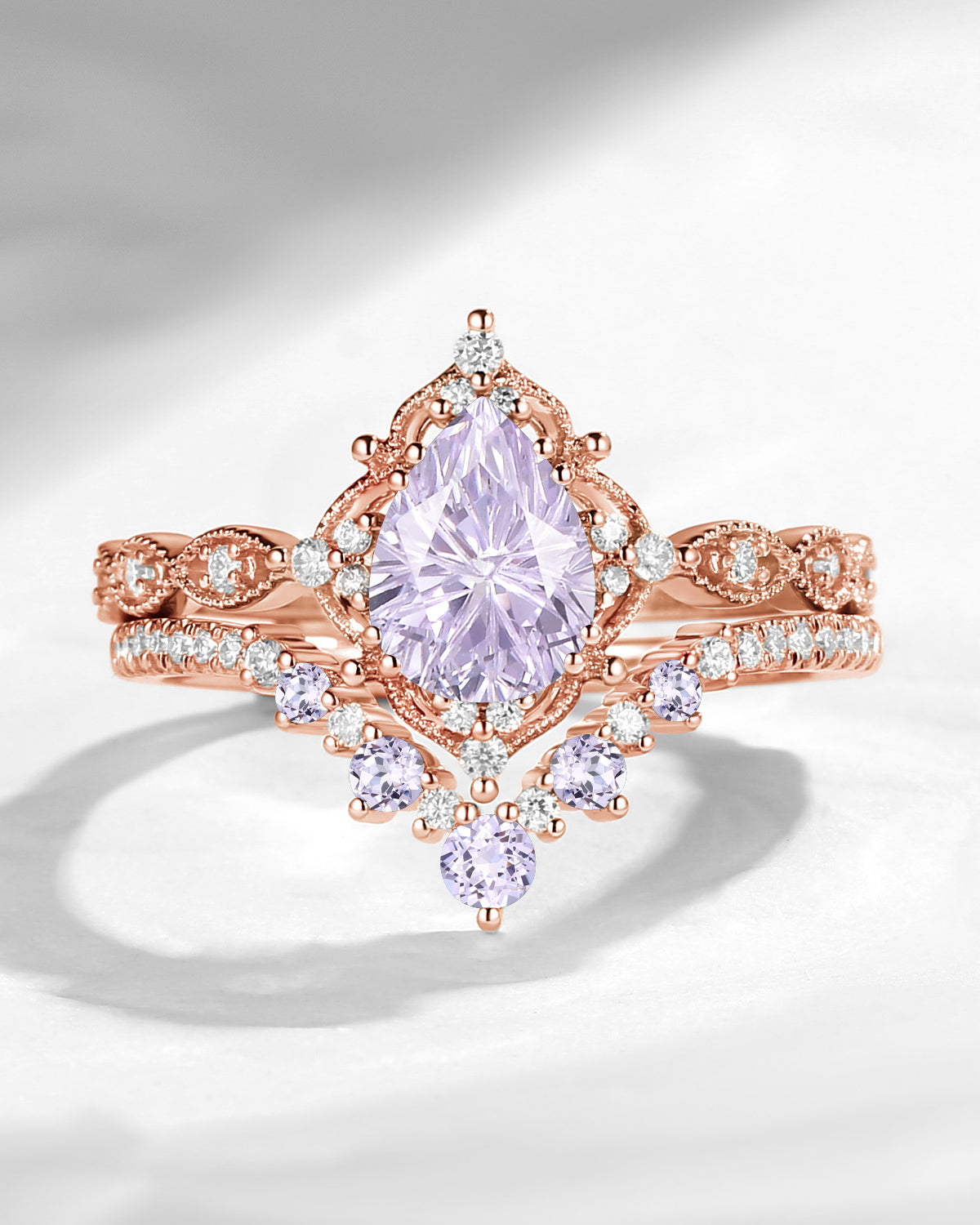 Antique Firework Cut Pear Lab Lavender Sapphire Engagement Ring 2pcs