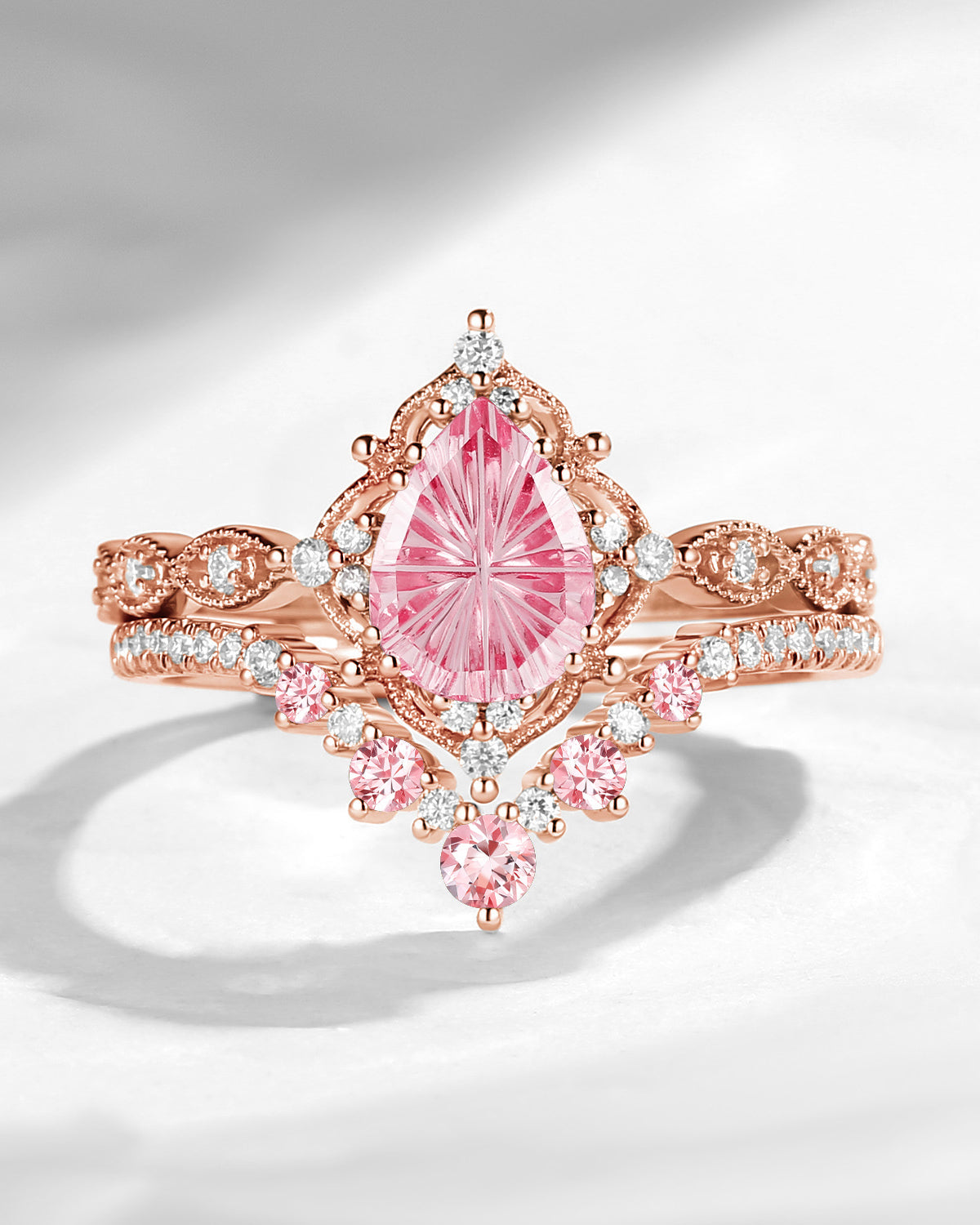 Antique Fantasy Carved Pear Lab Pink Sapphire Engagement Ring 2pcs