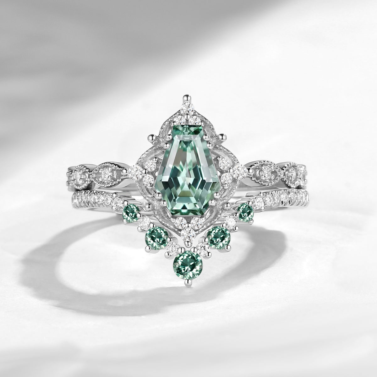 'Helena' - Vintage Coffin Cut Lab Green Sapphire Engagement Ring Set