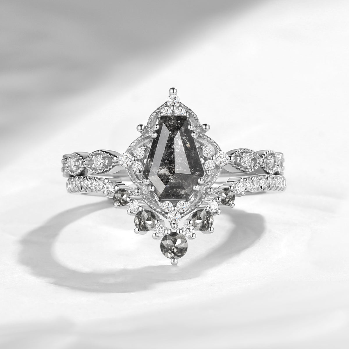 'Helena' - Vintage Coffin Cut Salt & Pepper Diamond Engagement Ring Set