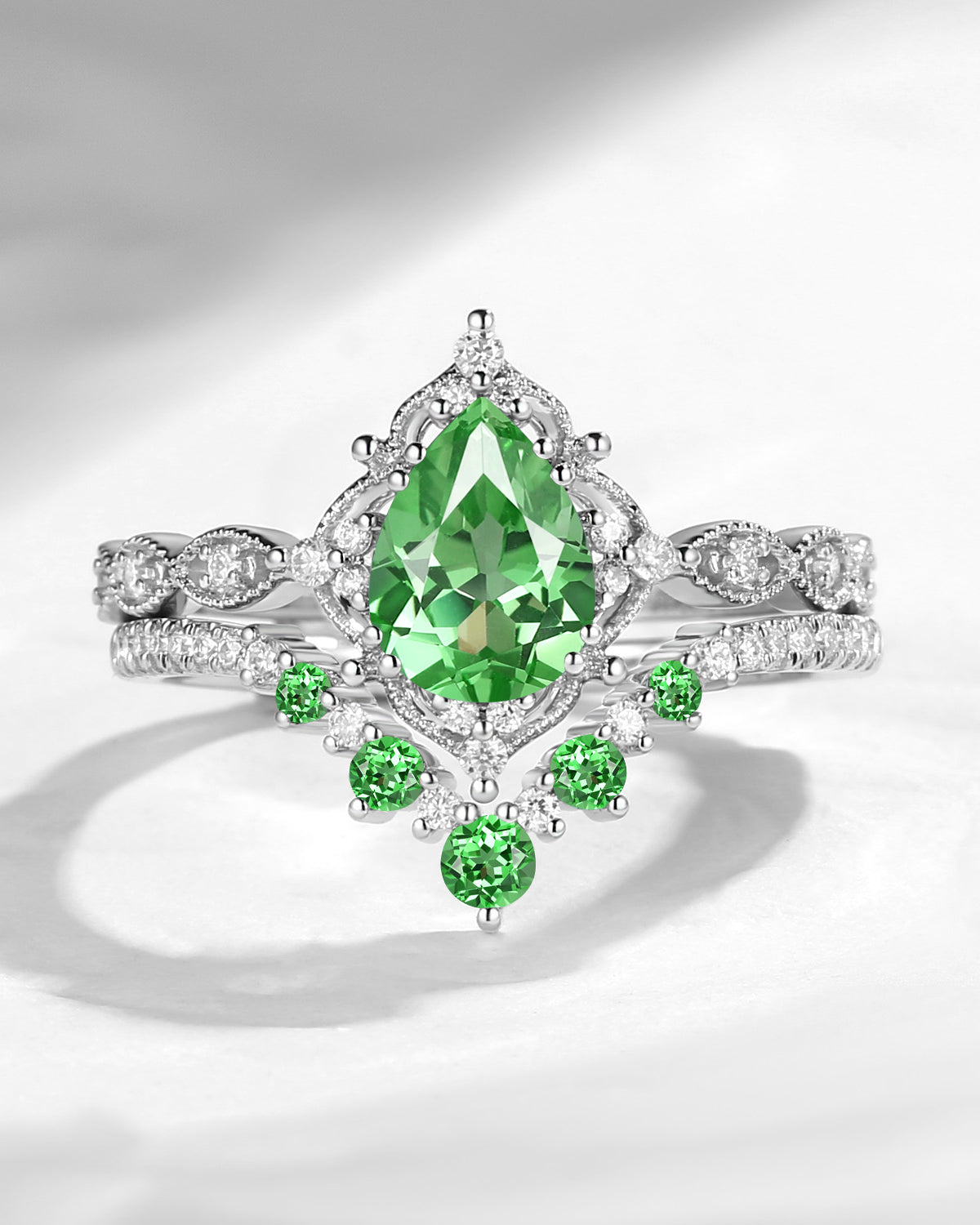 Antique Pear Cut Lab Tsavorite Engagement Ring 2pcs