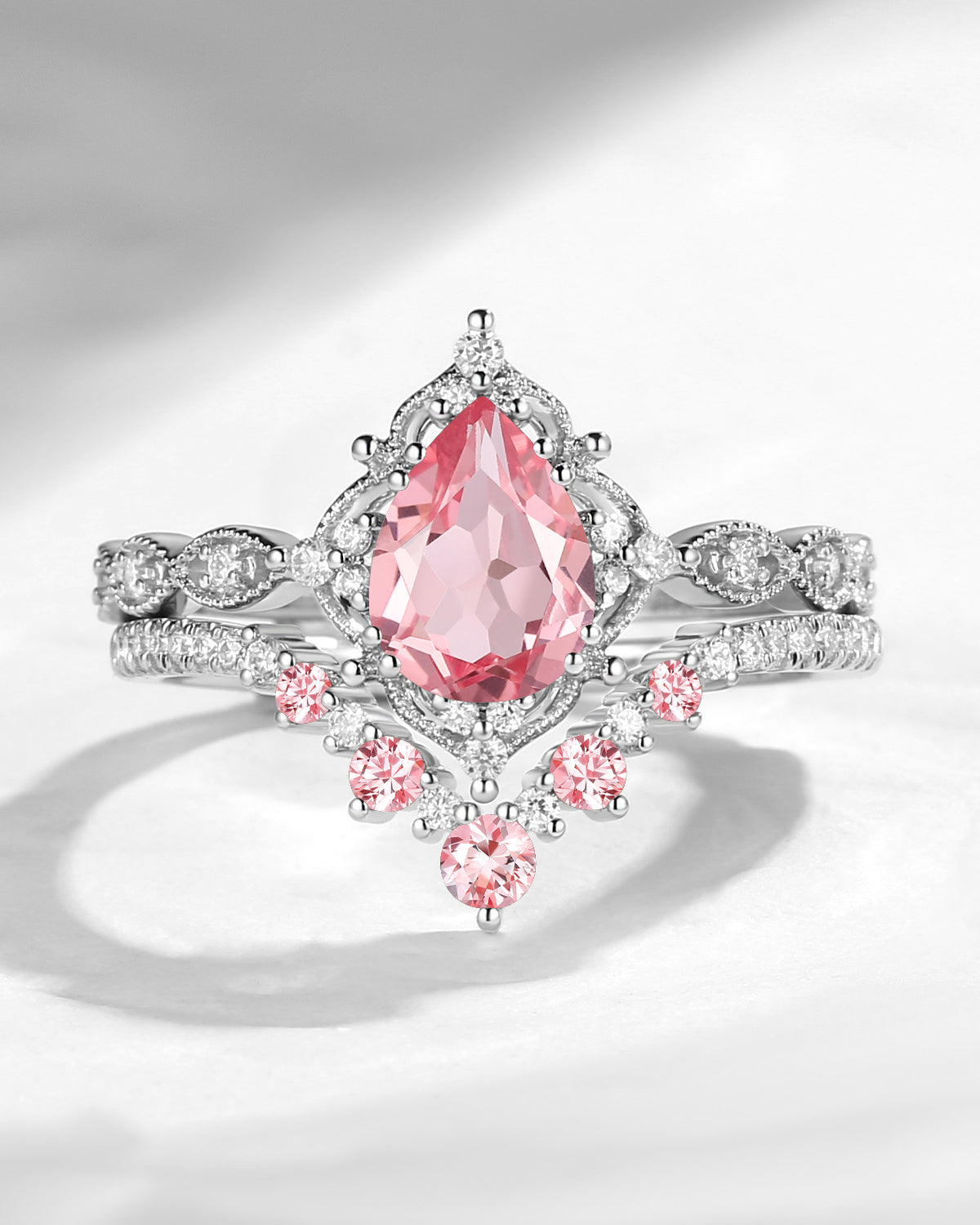 Antique Pear Cut Lab Pink Sapphire Engagement Ring 2pcs