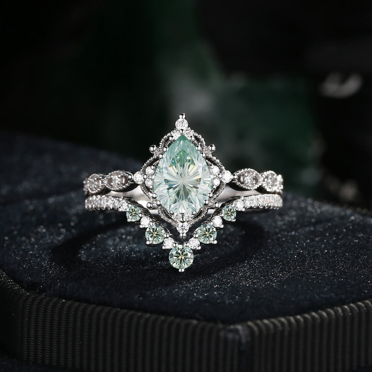 'Elara' - Antique Firework Cut Pear Mint Green Moissanite Engagement Ring Set