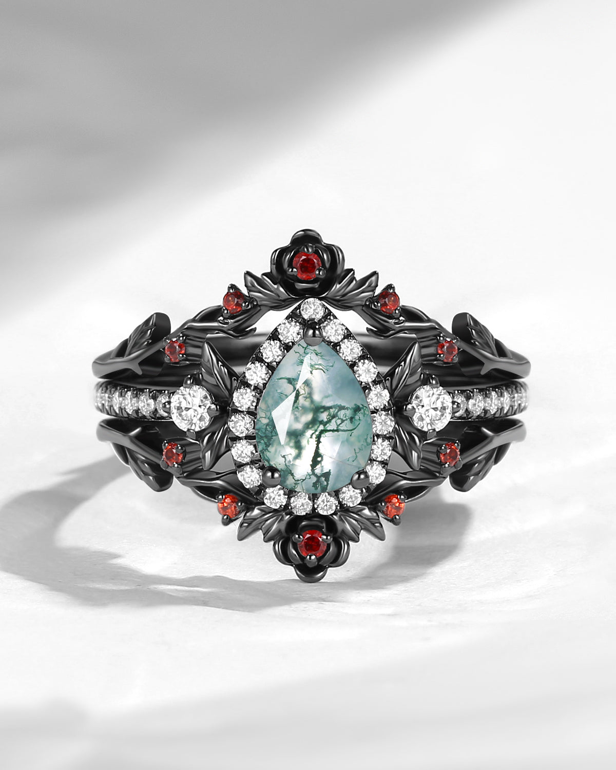 Nature Inspired Pear Cut Moss Agate Halo Engagement Ring Set 3pcs