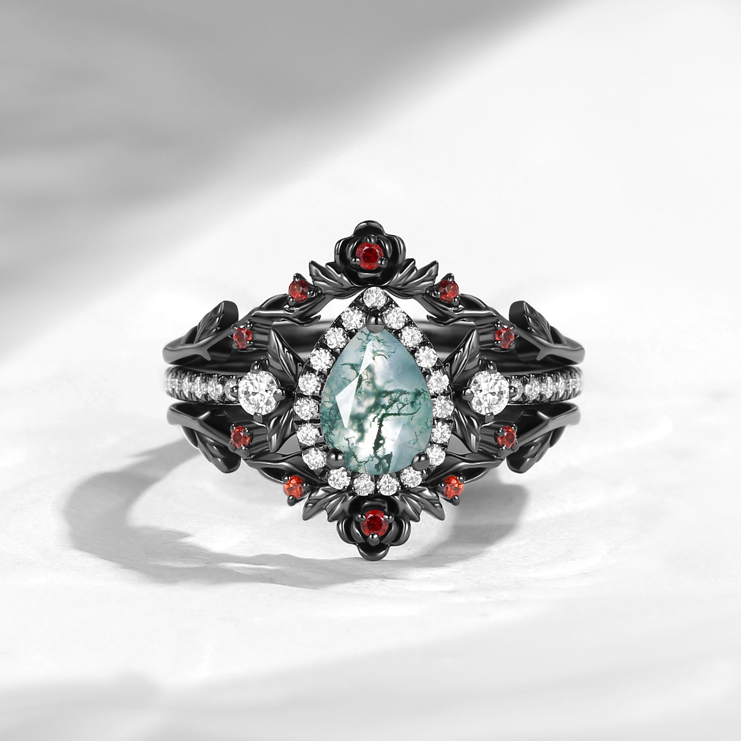 Nature Inspired Pear Cut Moss Agate Halo Engagement Ring Set 3pcs