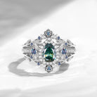 Nature Inspired Pear Cut Teal Moissanite Halo Engagement Ring Set 3pcs