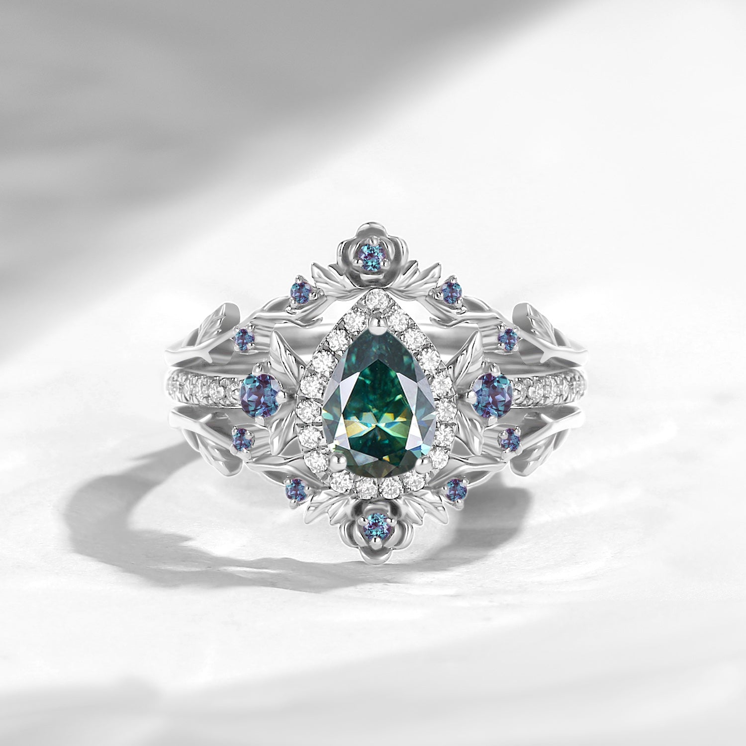 Nature Inspired Pear Cut Teal Moissanite Halo Engagement Ring Set 3pcs