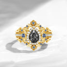 Nature Inspired Pear Cut Black Rutilated Quartz Halo Engagement Ring Set 3pcs