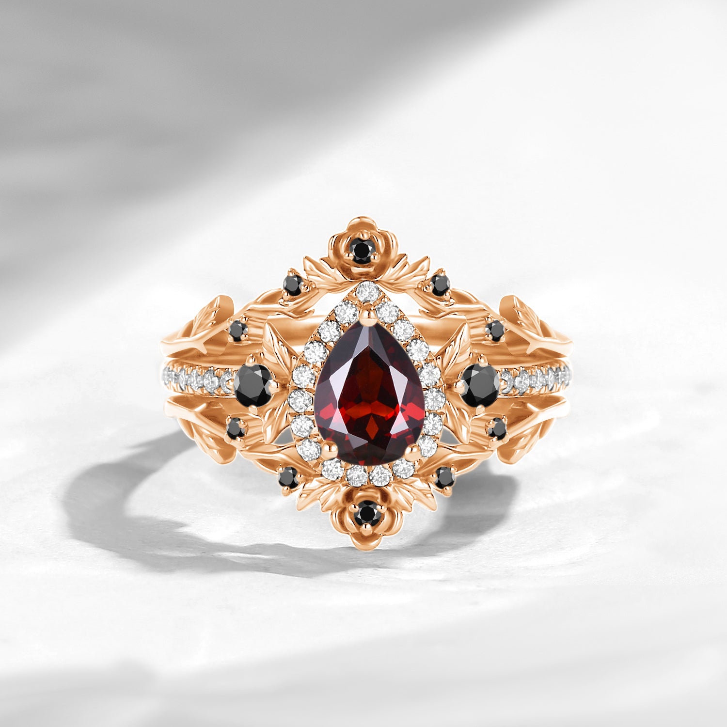 Nature Inspired Pear Cut Garnet Halo Engagement Ring Set 3pcs
