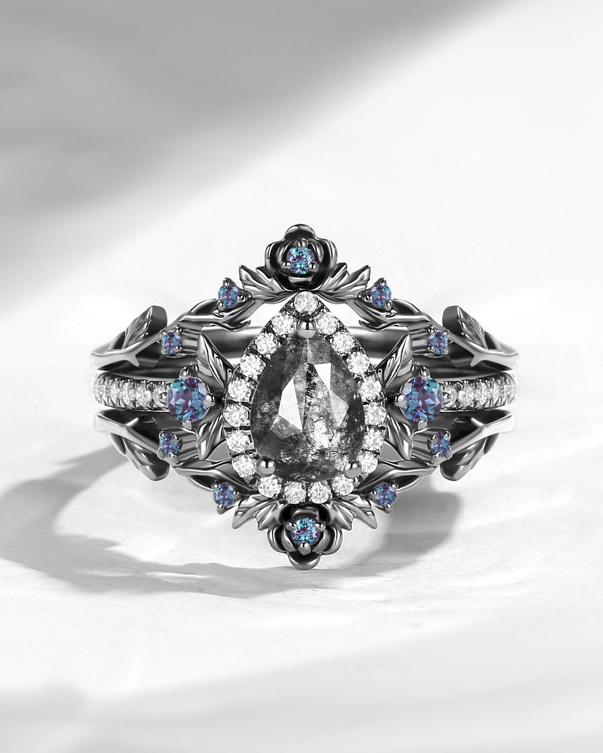 Nature Inspired Pear Cut Salt & Pepper Diamond Halo Engagement Ring Set 3pcs