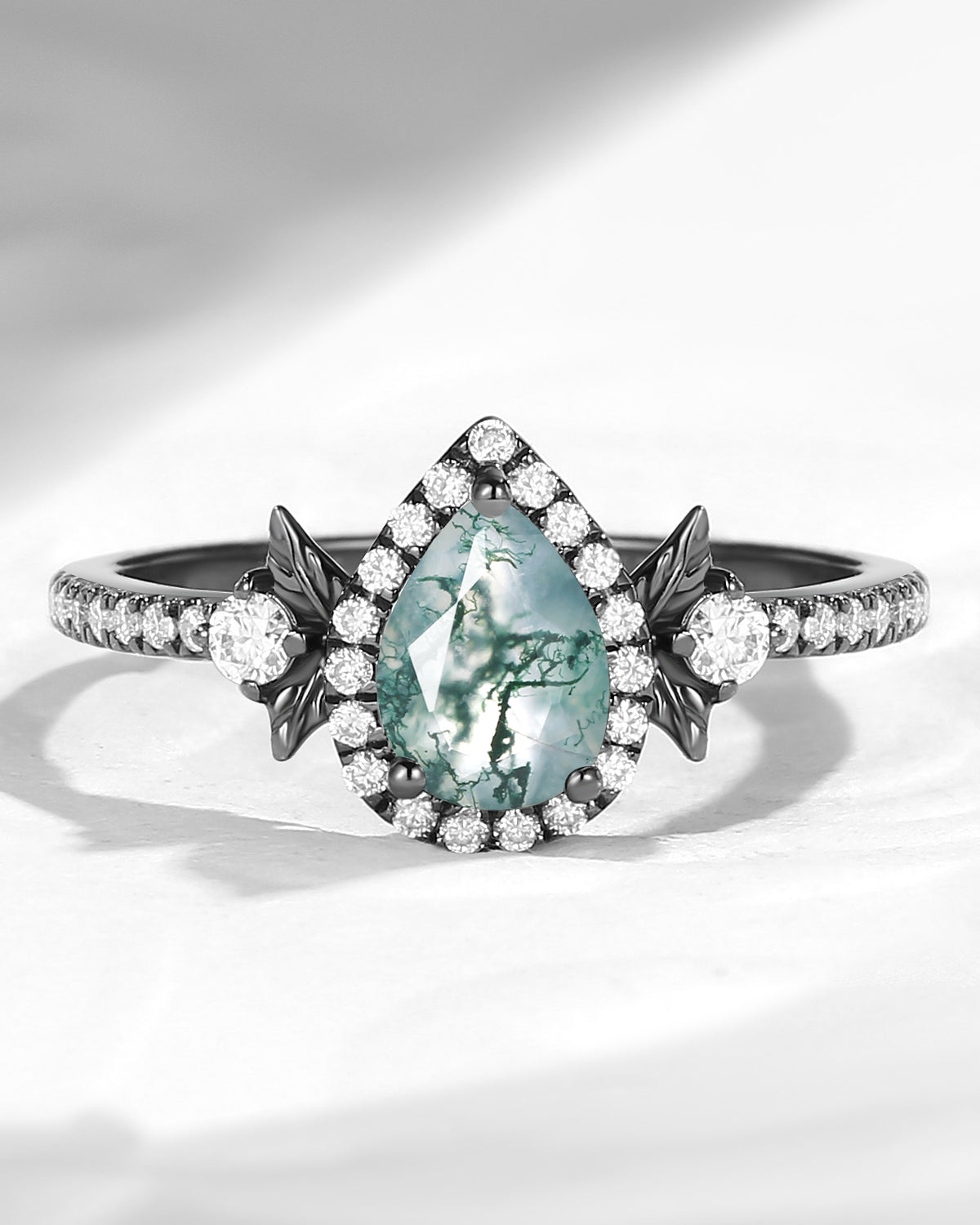Nature Inspired Pear Shaped Moss Agate Halo Leaf Engagement Ring