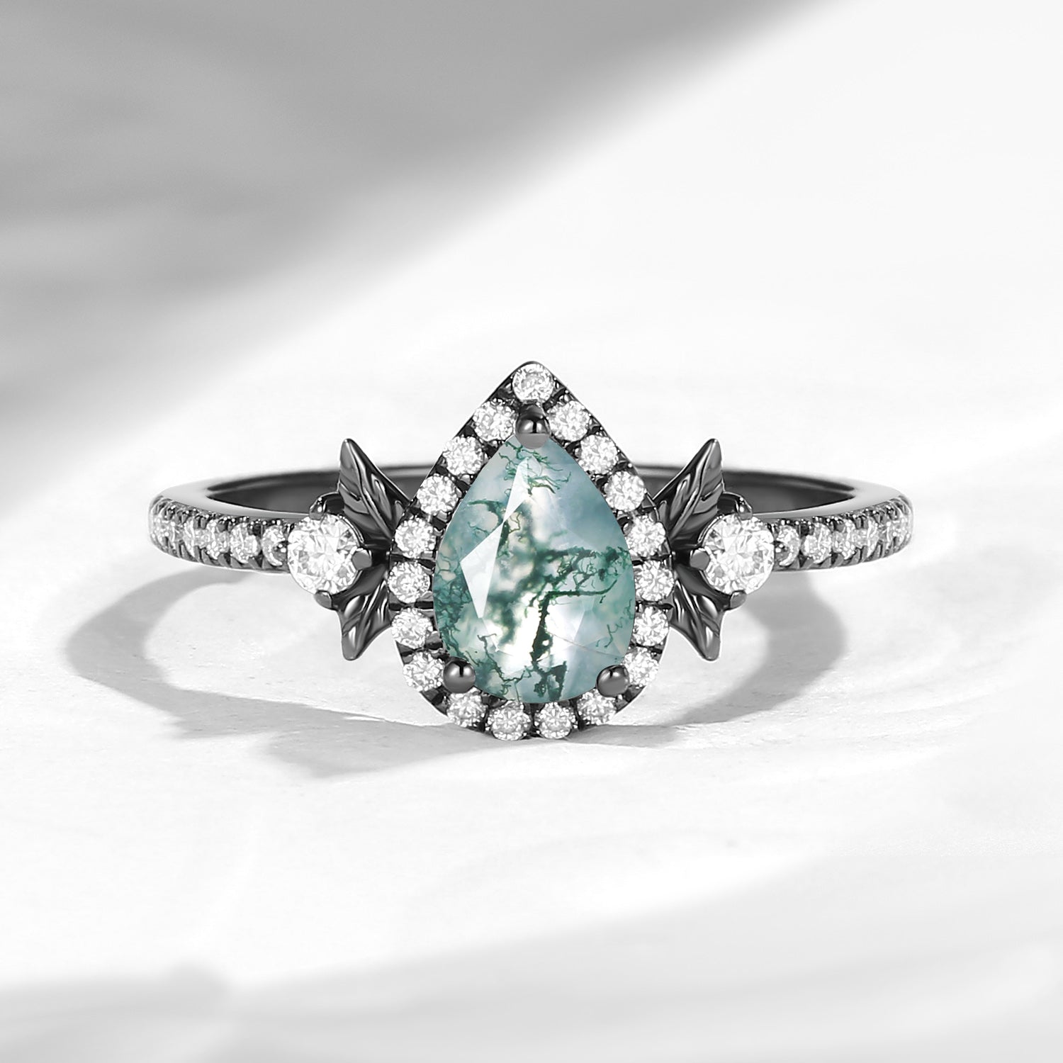 Nature Inspired Pear Shaped Moss Agate Halo Leaf Engagement Ring