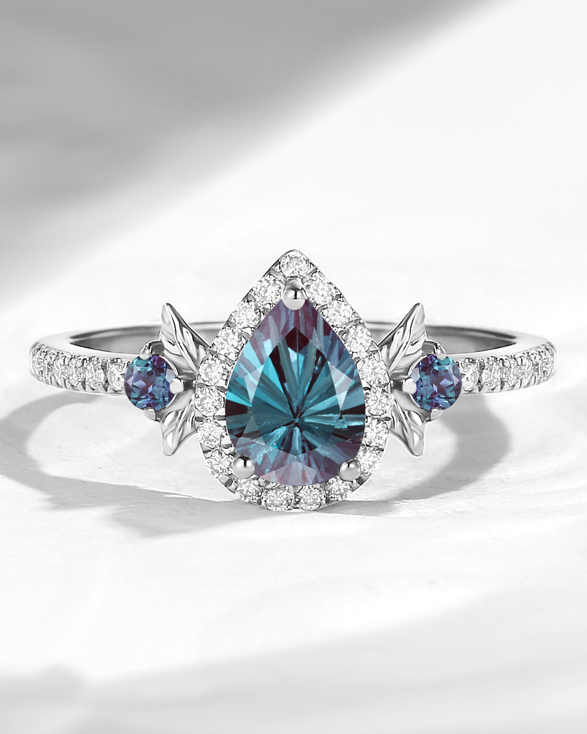 Nature Inspired Firework Cut Pear Shaped Lab Alexandrite 'Thorns & Roses' Halo Leaf Engagement Ring