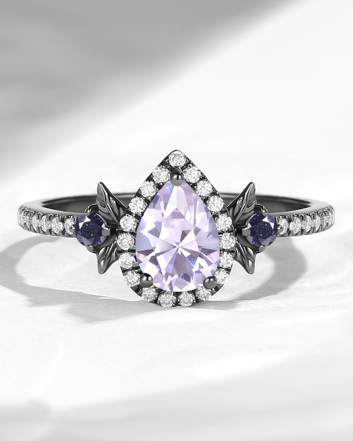 Nature Inspired Pear Shaped Lab Lavender Sapphire 'Thorns & Roses' Halo Leaf Engagement Ring