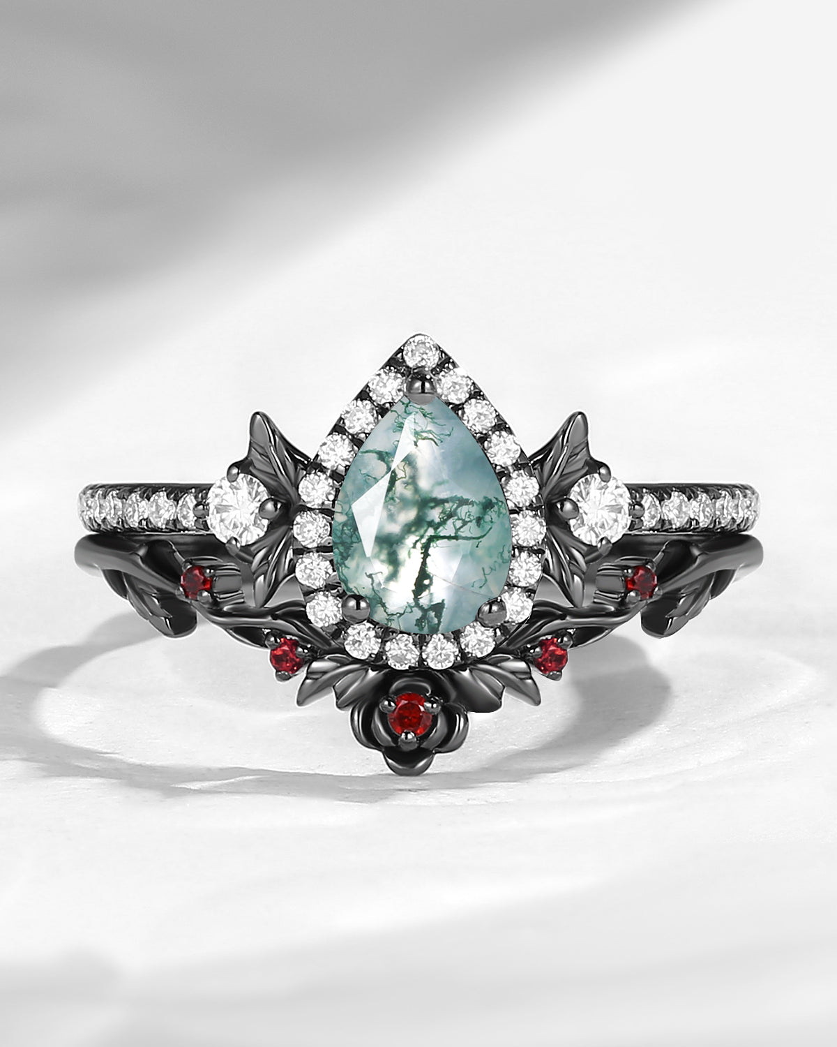 Nature Inspired Pear Cut Moss Agate Halo Engagement Ring Set 2pcs