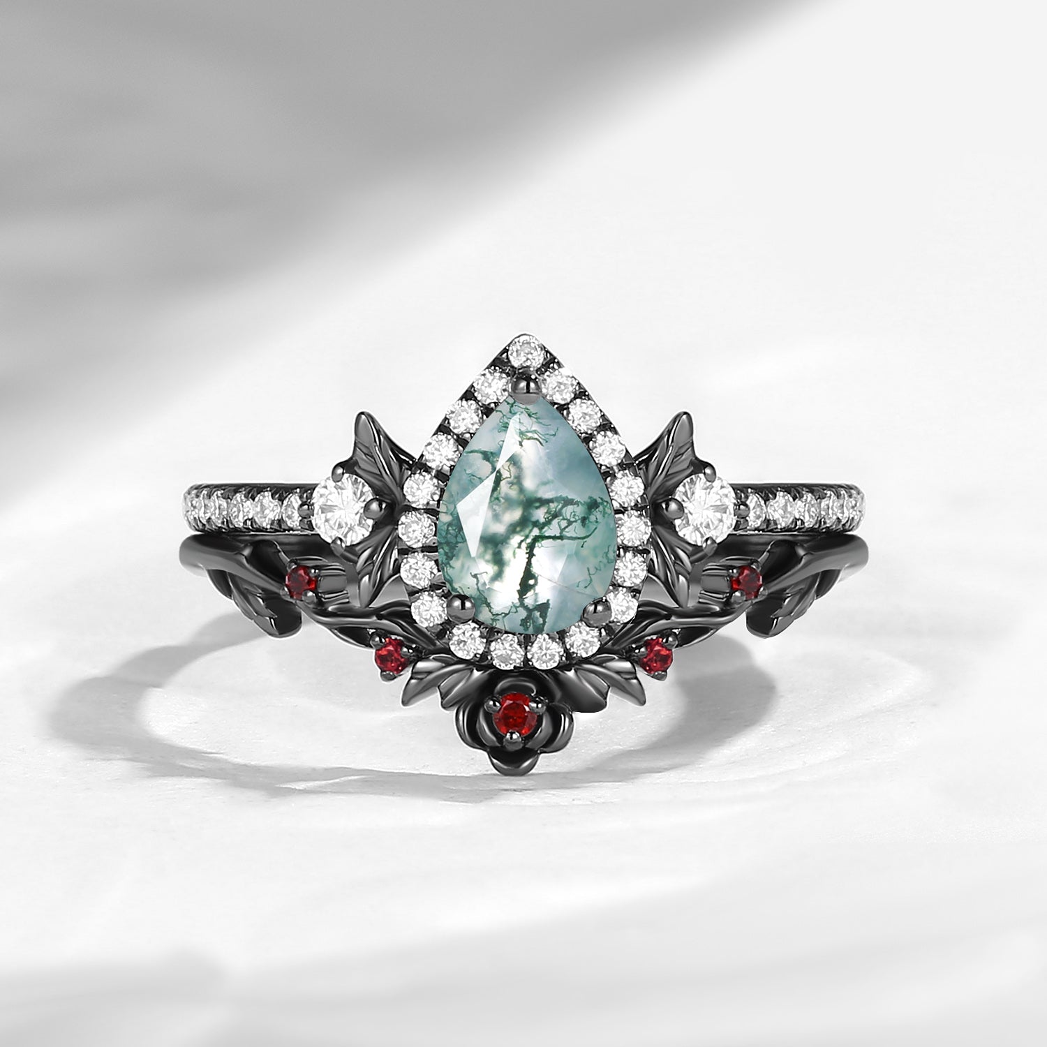 Nature Inspired Pear Cut Moss Agate Halo Engagement Ring Set 2pcs