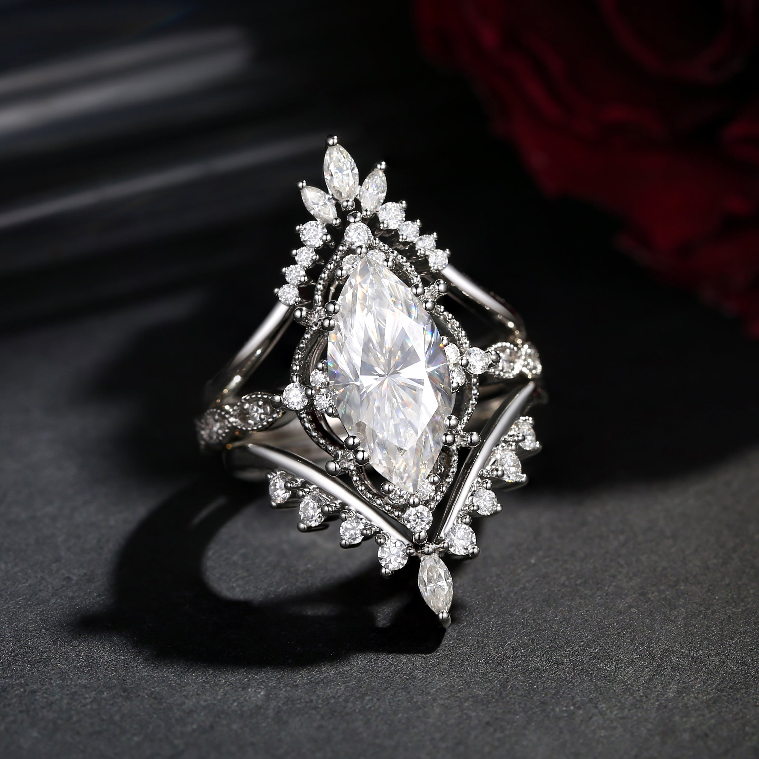 Elegant Vintage Style Marquise Moissanite Bridal Set 3pcs