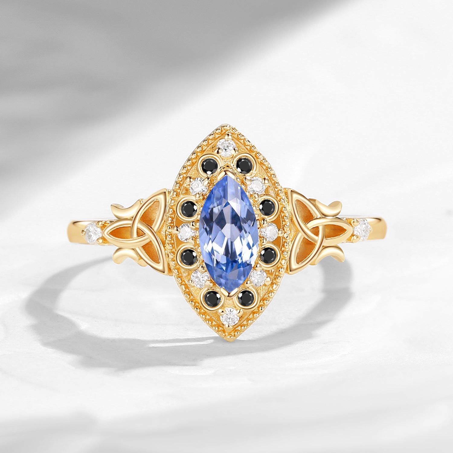 Celtic Moon - Maximalist Vintage Inspired Marquise Cut Lab Cornflower Sapphire Engagement Ring