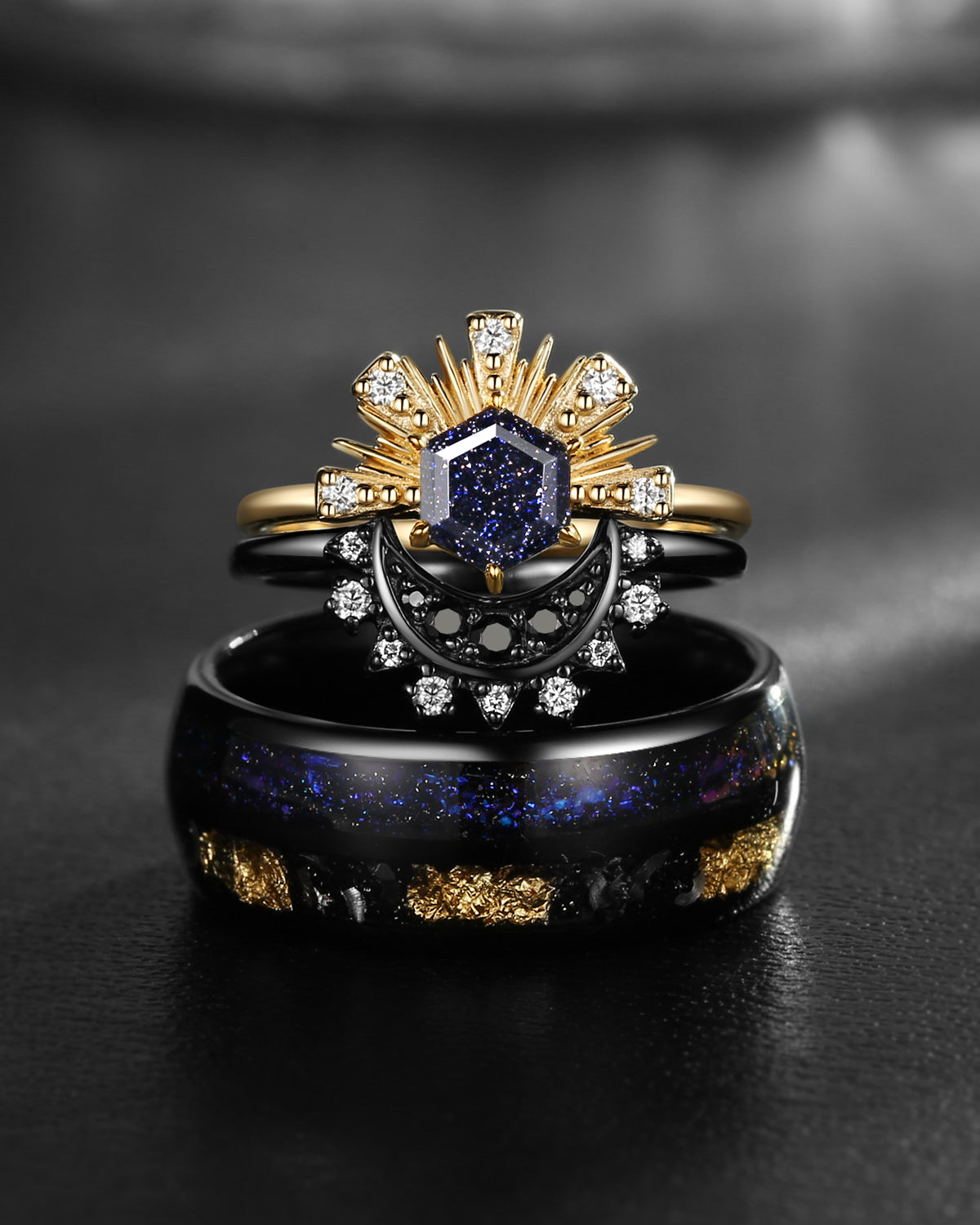 Retro Sun & Moon Two-Toned Ring & Double Electroplated Band Couple Ring Set