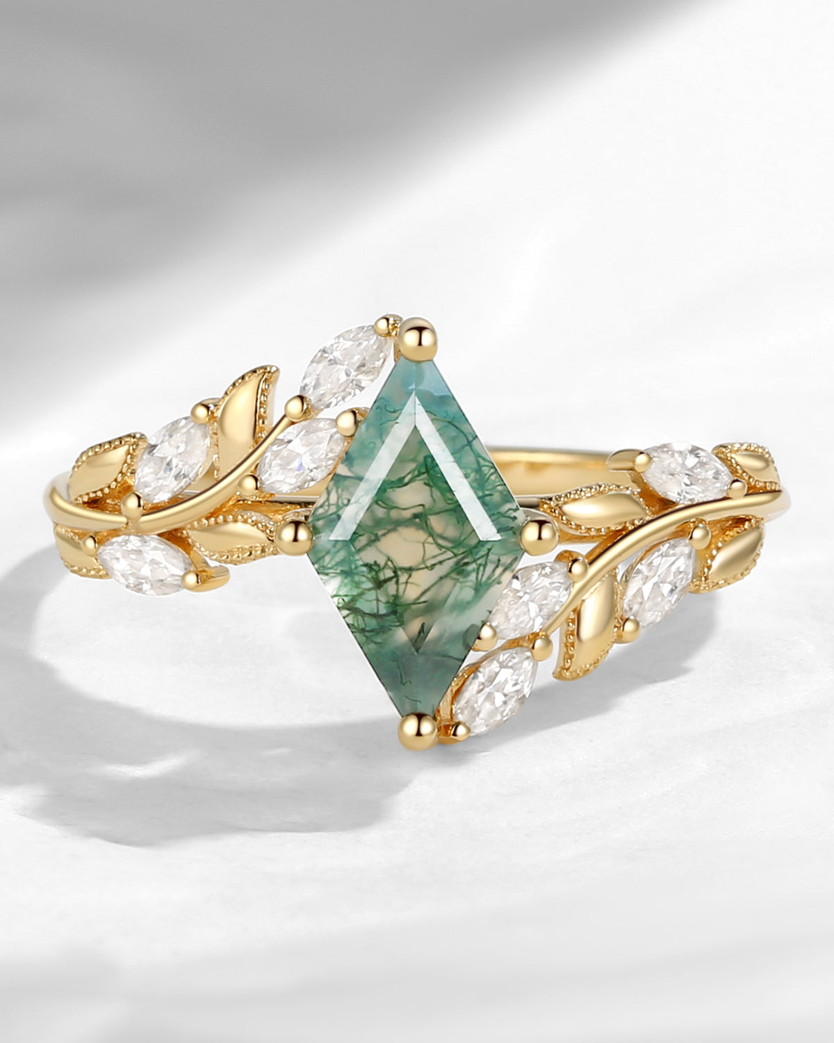 Unique Nature Inspired Kite Cut Moss Agate Leaf Engagement Ring