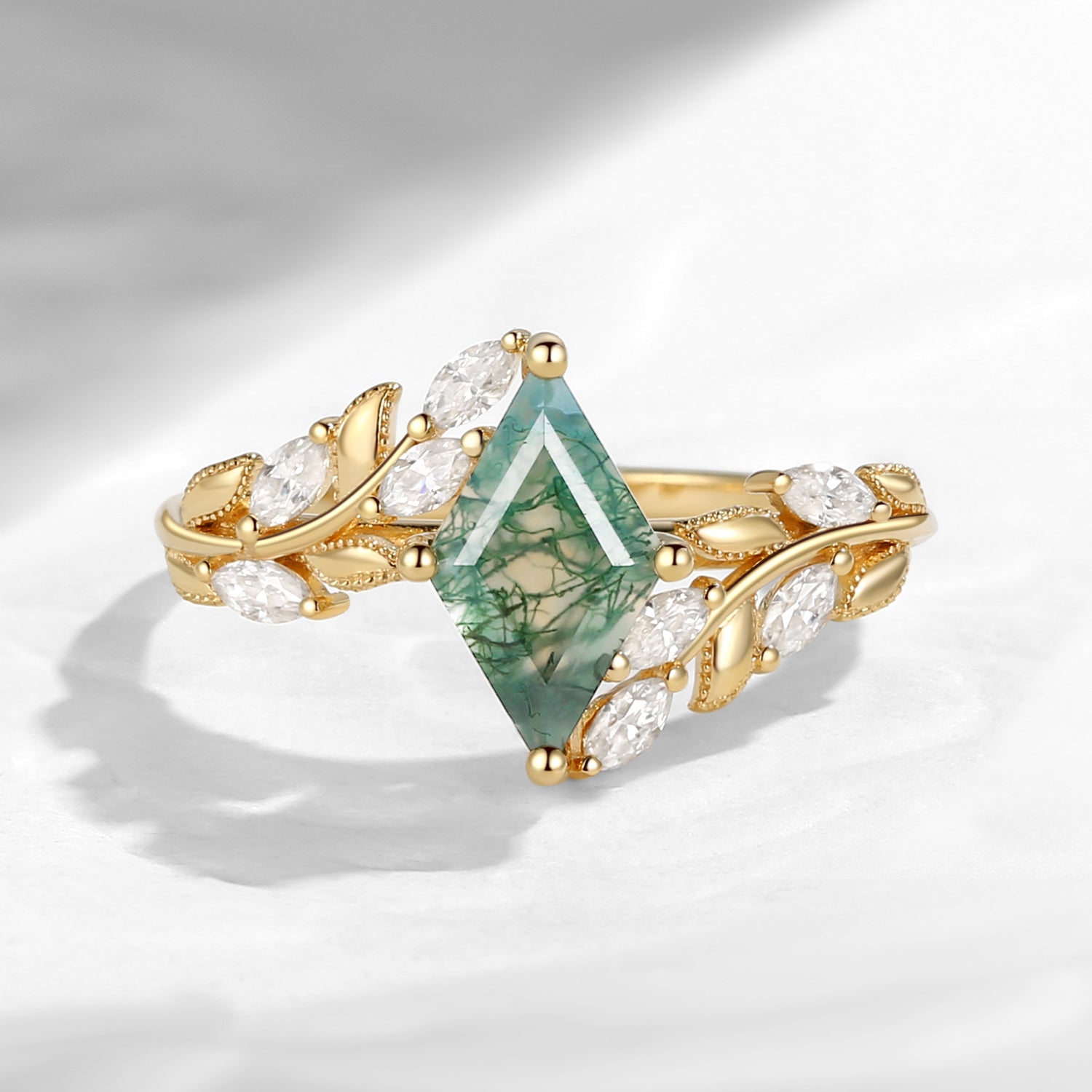 Unique Nature Inspired Kite Cut Moss Agate Leaf Engagement Ring