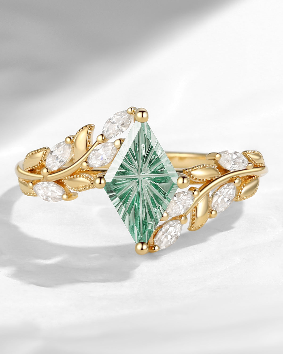 Fantasy Carved Unique Nature Inspired Kite Cut Lab Green Sapphire Leaf Engagement Ring