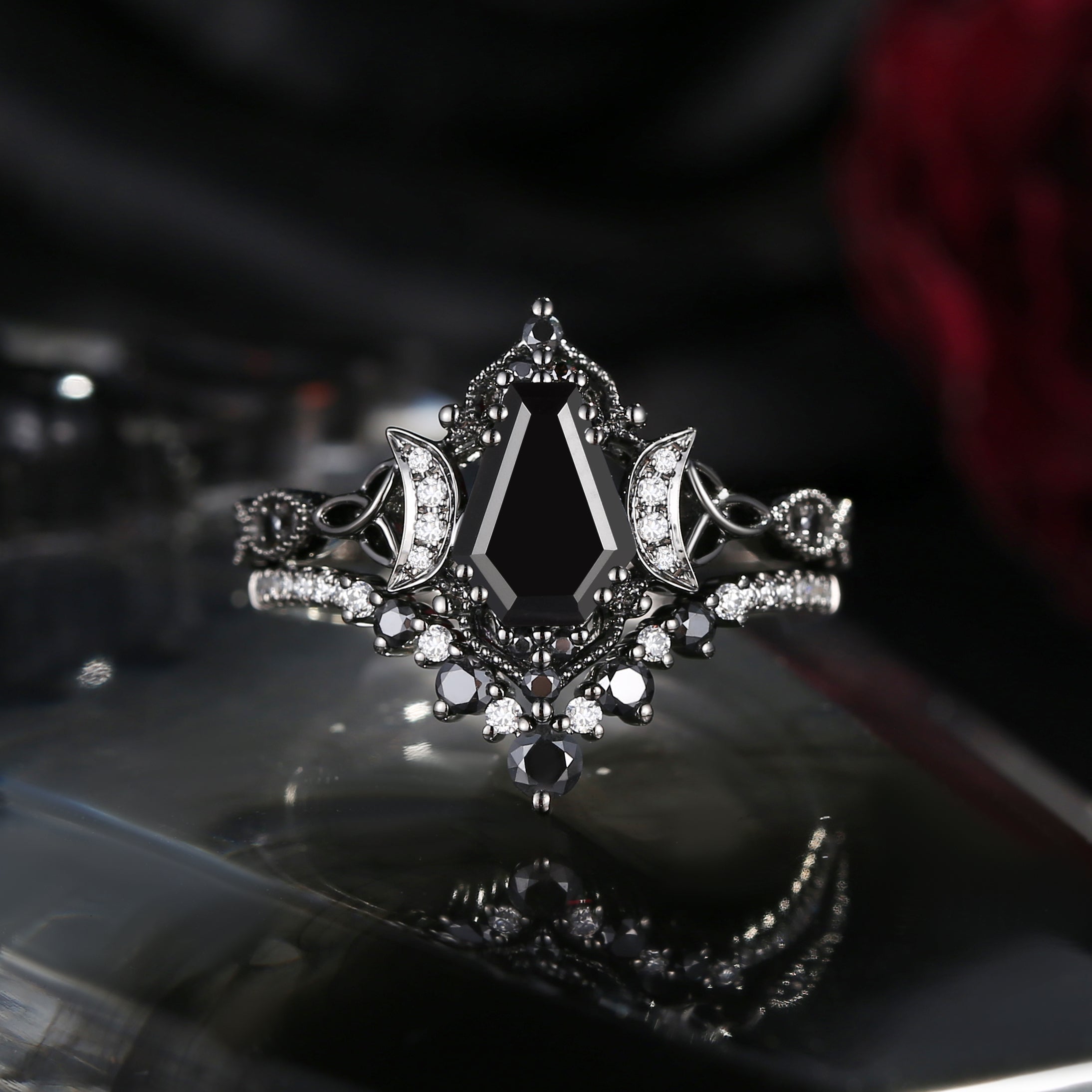 Crescent Moon | Unique Coffin Cut Black Moissanite Celtic Black Gold Engagement Ring Set 2pcs
