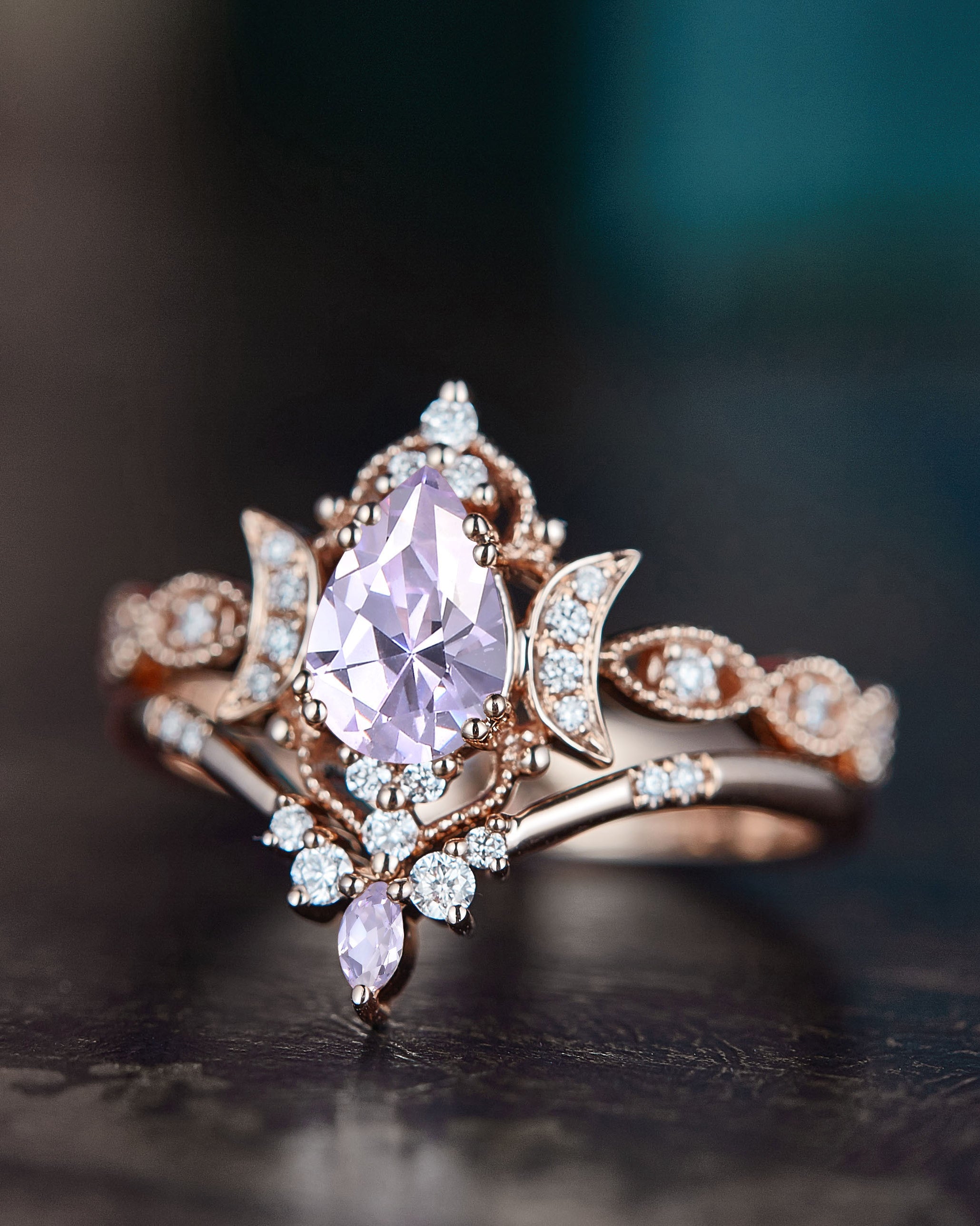 Crescent Moon | Vintage Pear Cut Lab Lavender Sapphire Engagement Ring 2pcs - Luna