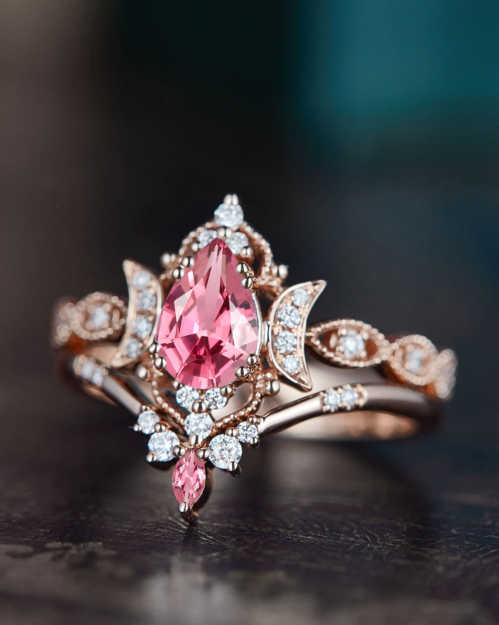 Crescent Moon | Pear Cut Natural Pink Tourmaline Engagement Ring Sets 2pcs - Luna