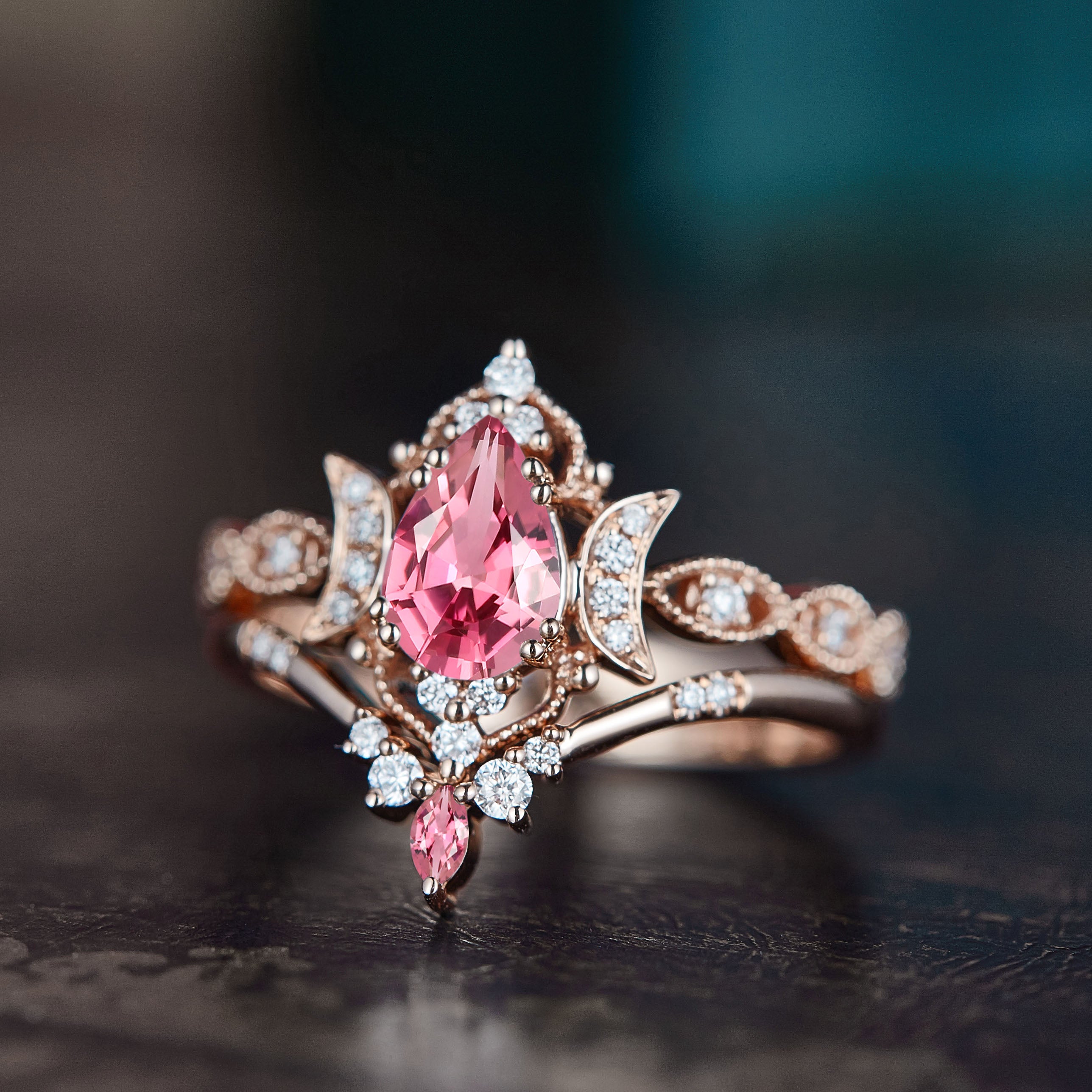 Crescent Moon | Pear Cut Natural Pink Tourmaline Engagement Ring Sets 2pcs - Luna