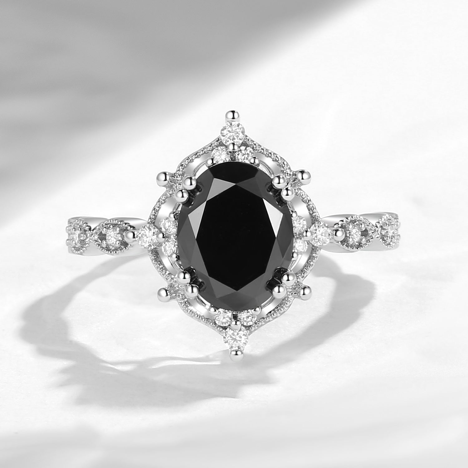 Antique Oval Black Moissanite Engagement Ring 18K