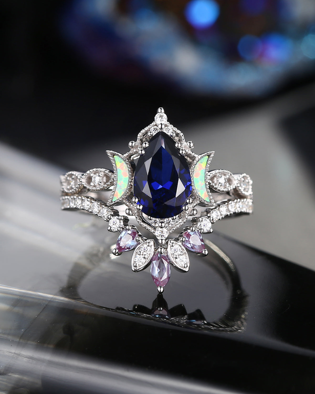 Crescent Moon | Pear Cut Lab Blue Sapphire & Alexandrite 'Ultra Galaxy' Engagement Ring Set 2pcs