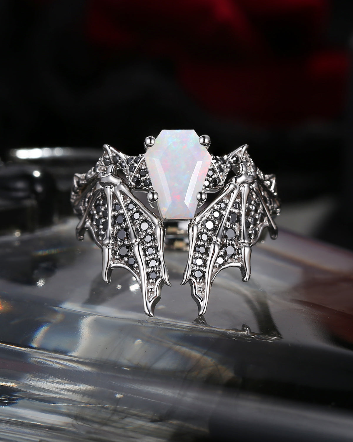 Non-Traditional Coffin Natural Opal Vampire Ring Bridal Set 2pcs - Bat Ring
