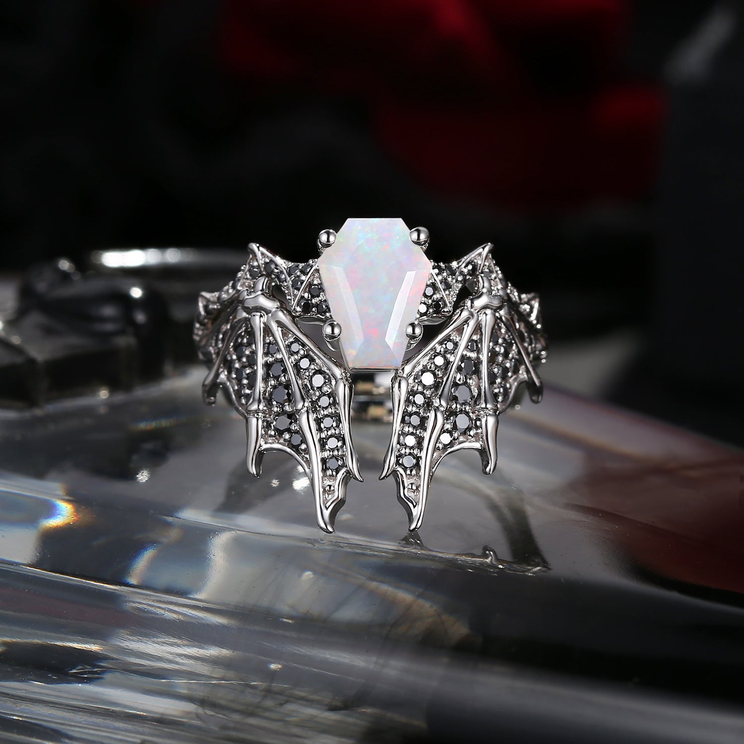 Non-Traditional Coffin Natural Opal Vampire Ring Bridal Set 2pcs - Bat Ring